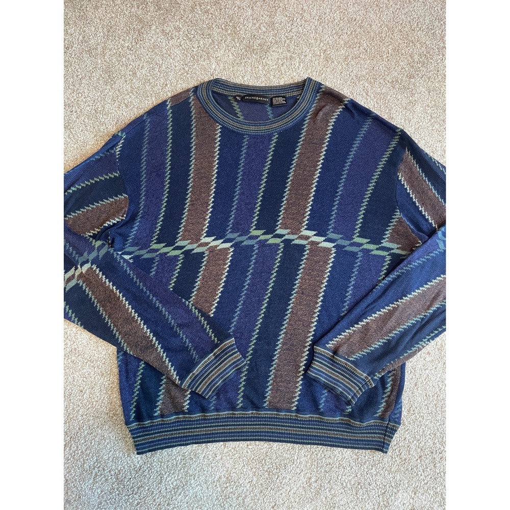 Jhane Barnes Silk Blend Crewneck Sweater XXL Navy Blue Brown Geometric Grandpa